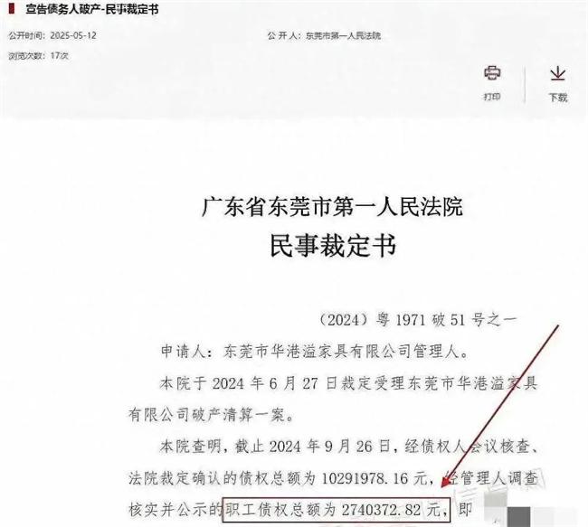 突发！一家具大厂破产，欠款超1000万！
